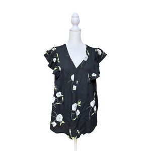 DR2 Black Floral Blouse Medium Flutter Sleeve V Neck Lightweight Casual